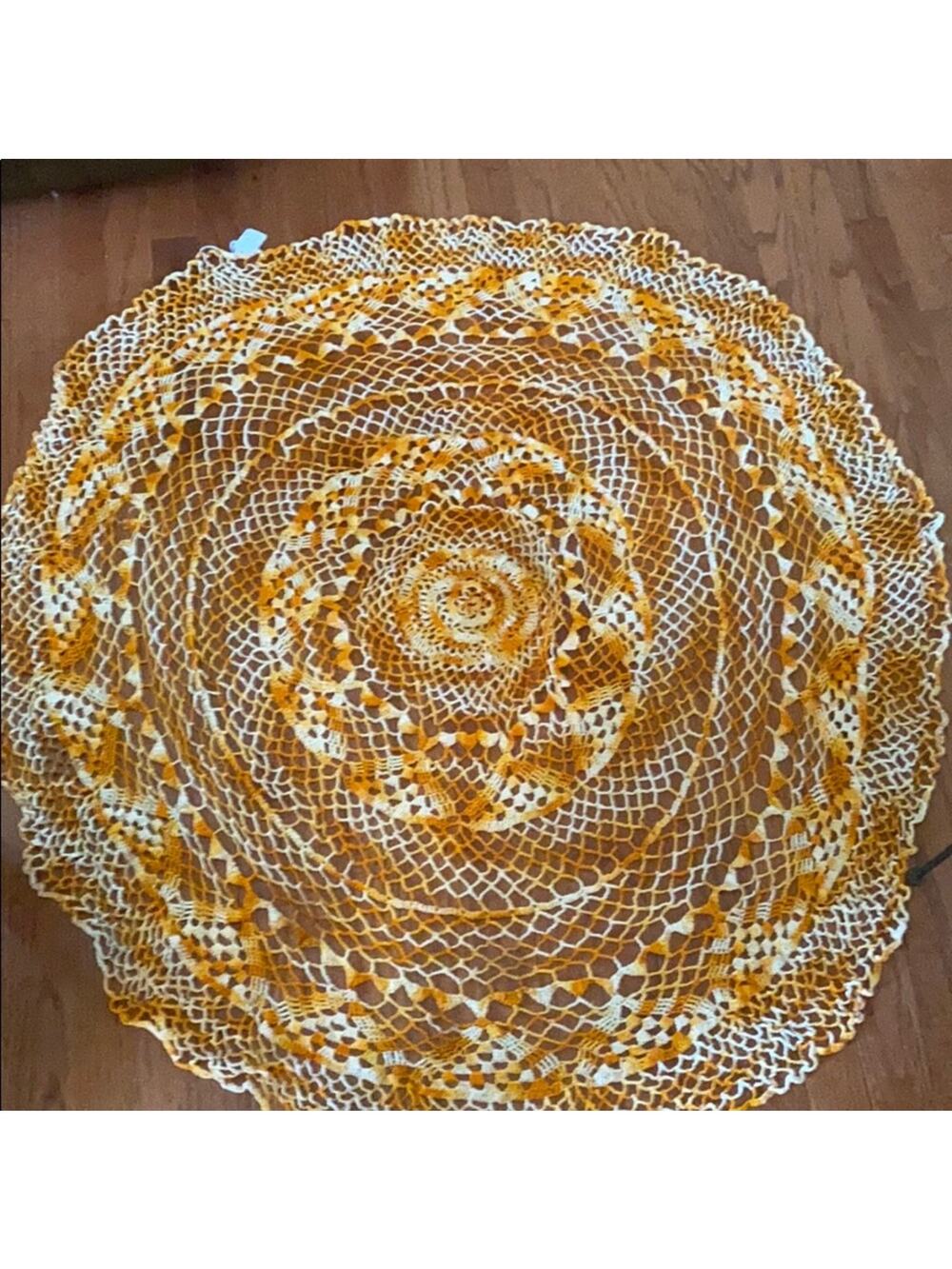 Vintage gold and white crocheted table spread